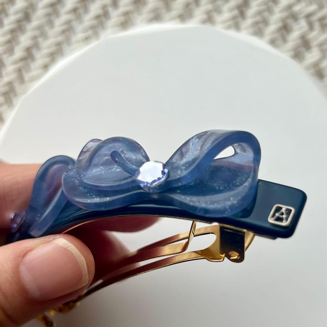 【新品未使用】alexandre de paris リボン　バレッタ　ネイビー