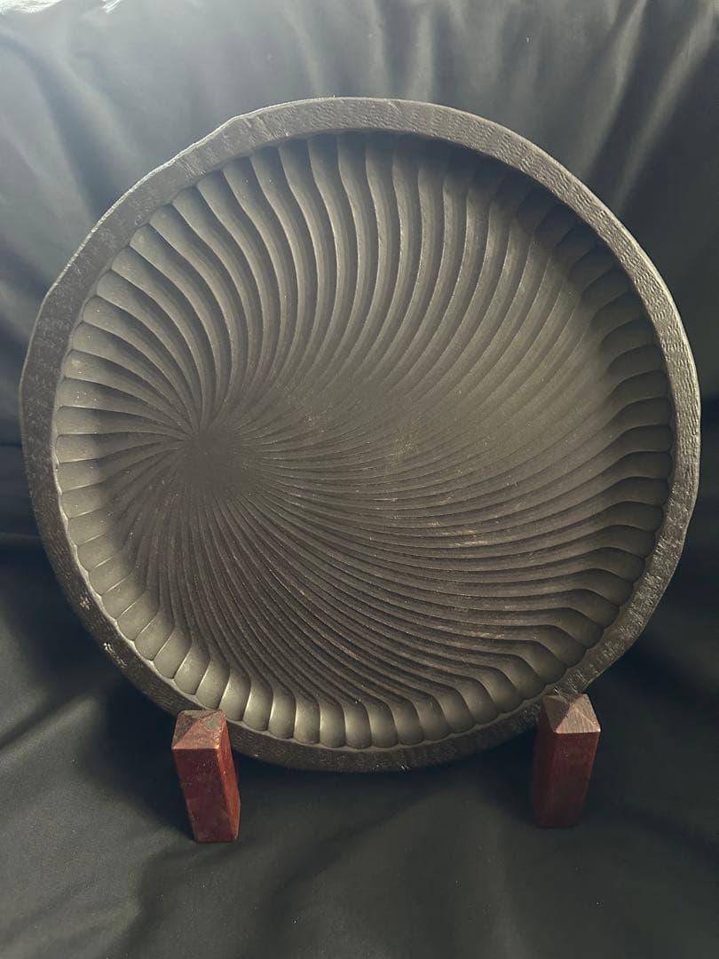 ★木製お盆 手彫り木製トレー/幾何学紋様／アンティーク★