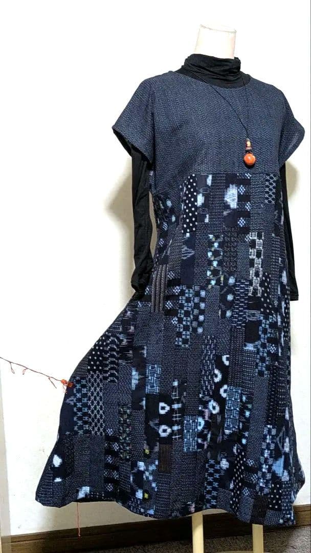 久留米絣　書生絣　藍染古布着物リメイクロングワンピース　A 15