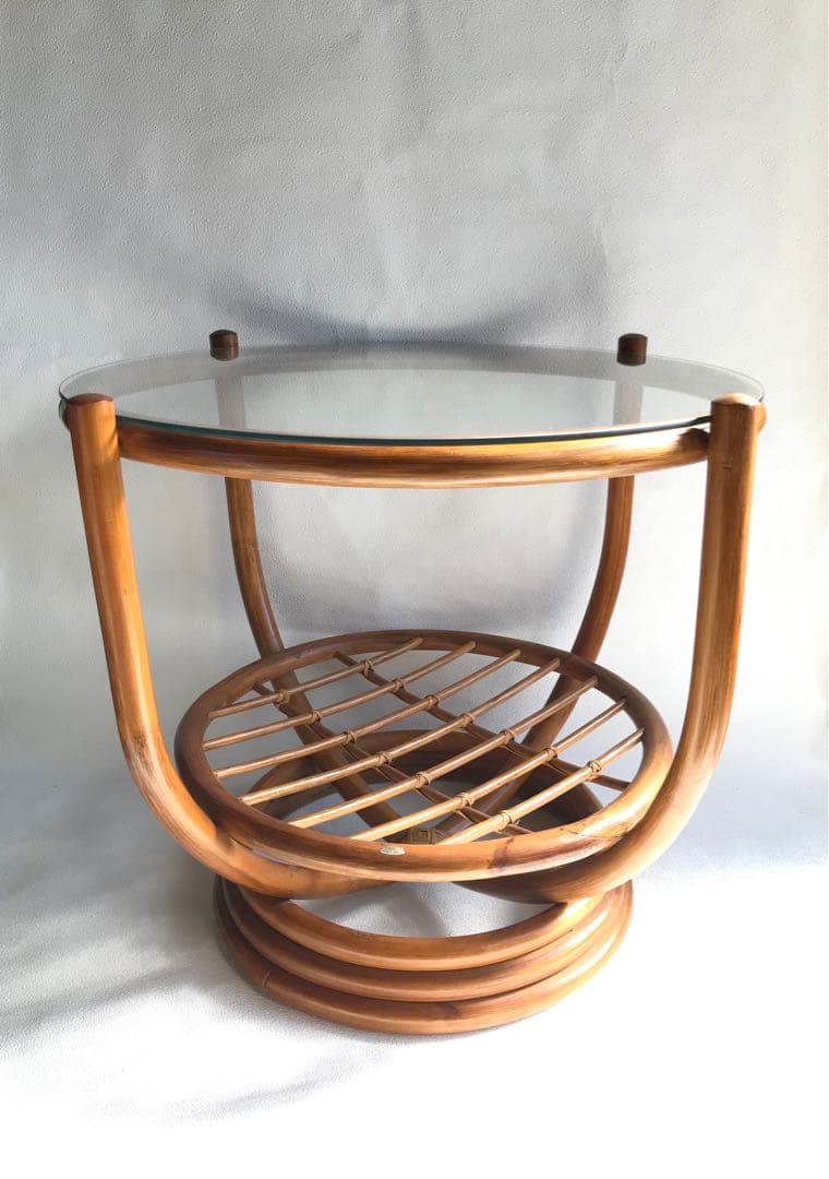 ラタン 天板ガラステーブル 古家具 センターテーブル 台湾製 ヴィンテージ