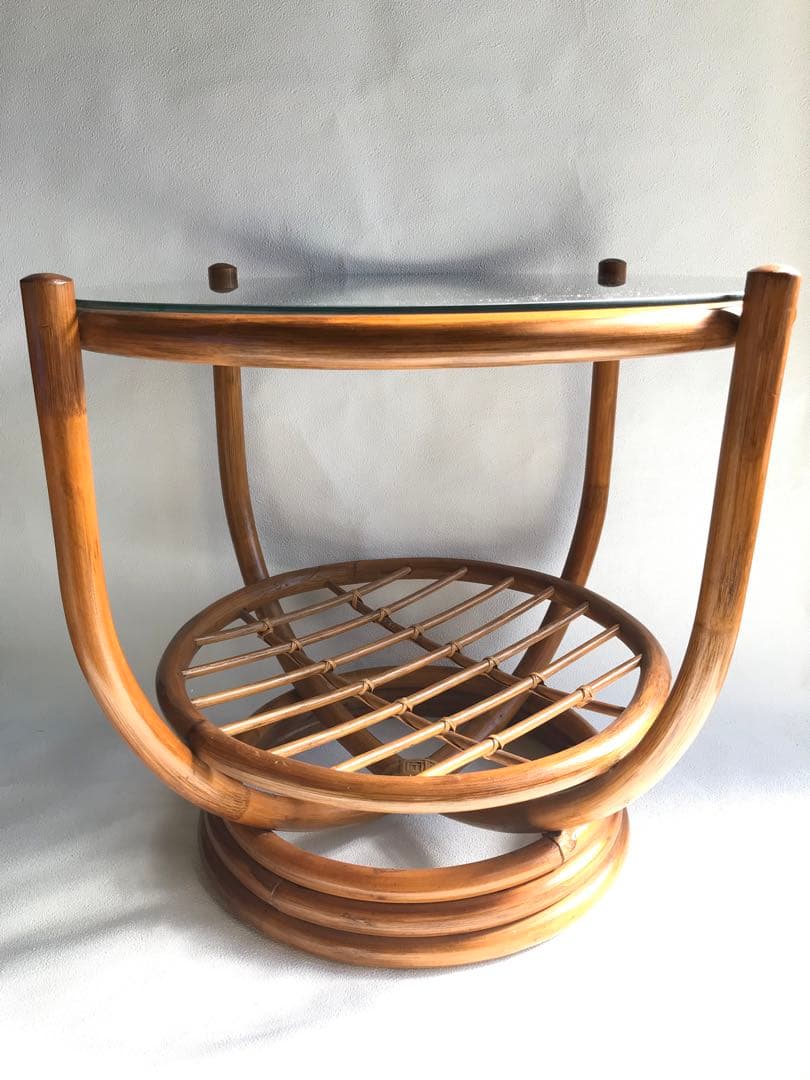 ラタン 天板ガラステーブル 古家具 センターテーブル 台湾製 ヴィンテージ