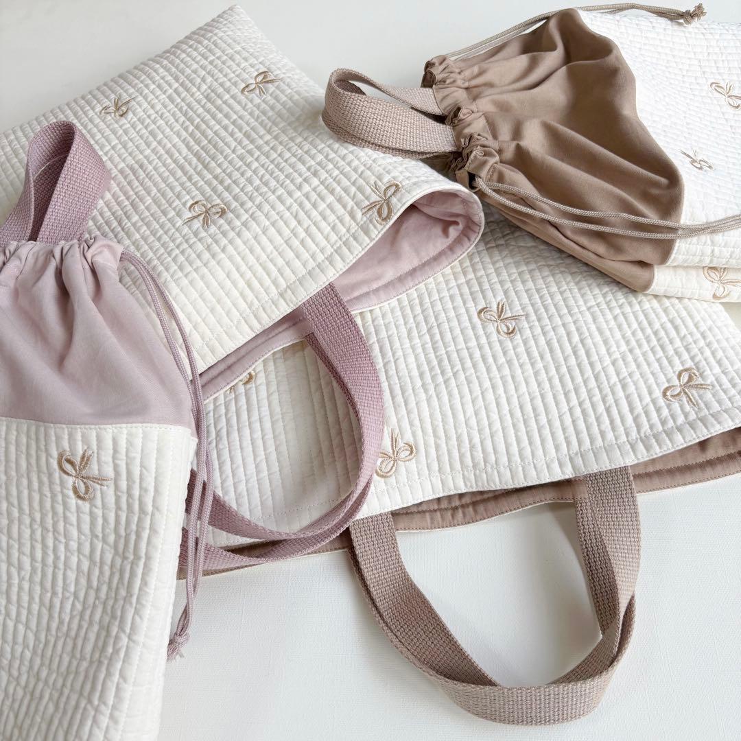 リボン刺繍　ヌビ　入園入学　3点セット　女の子　リボン　ゴールド　ブラウン　モカ