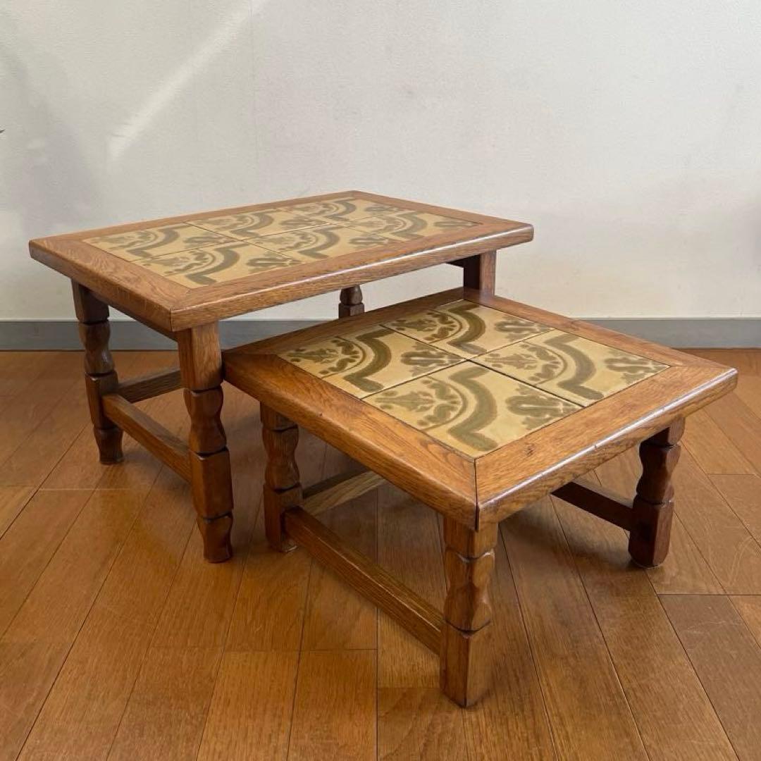 ヴィンテージ　ルーマニア　タイルトップ　ネストテーブル　オーク　サイドテーブル