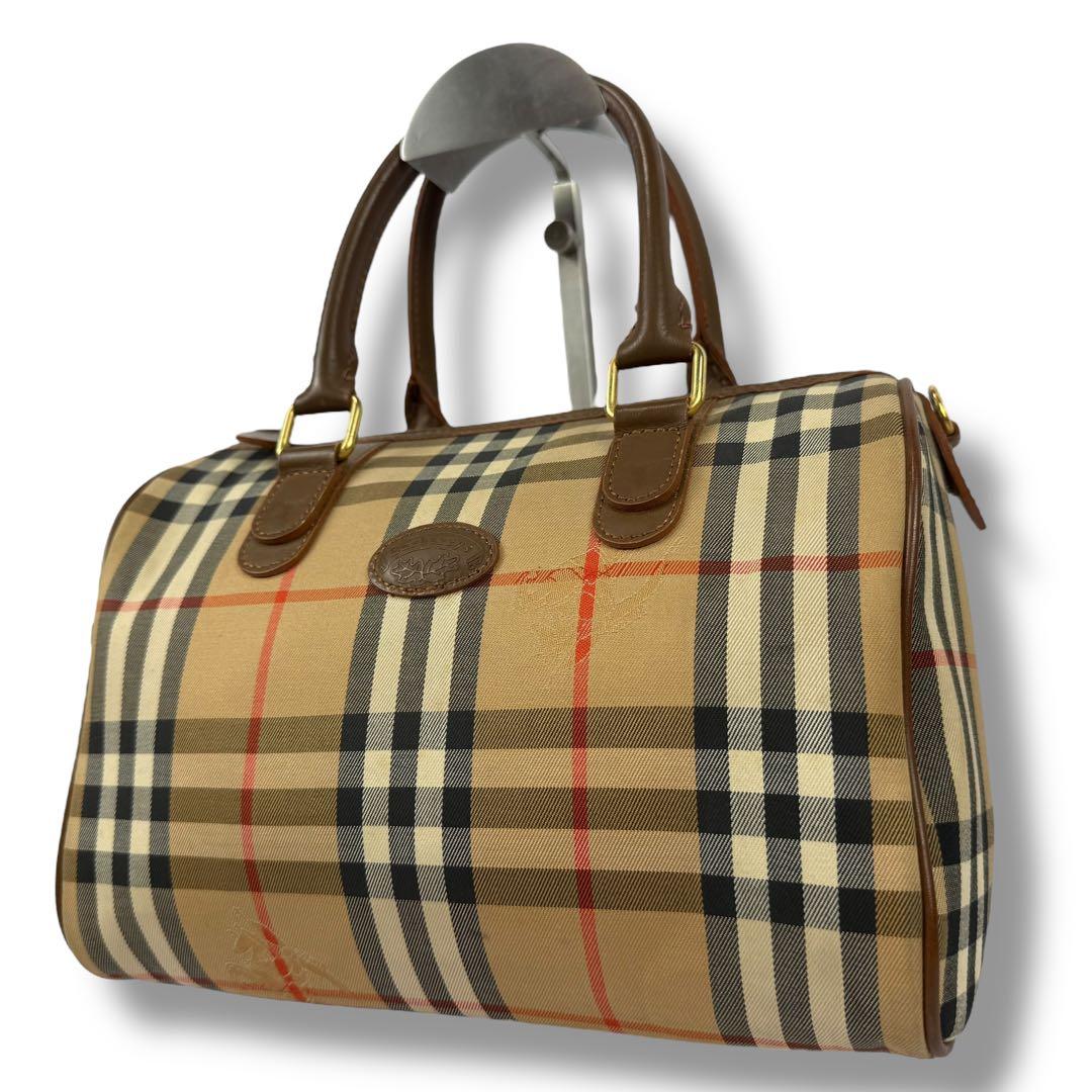 【美品】バーバリー 月桂樹 ミニボストンバッグ キャンバス ノバチェック ホース