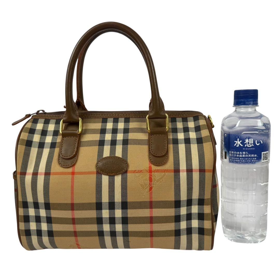 【美品】バーバリー 月桂樹 ミニボストンバッグ キャンバス ノバチェック ホース