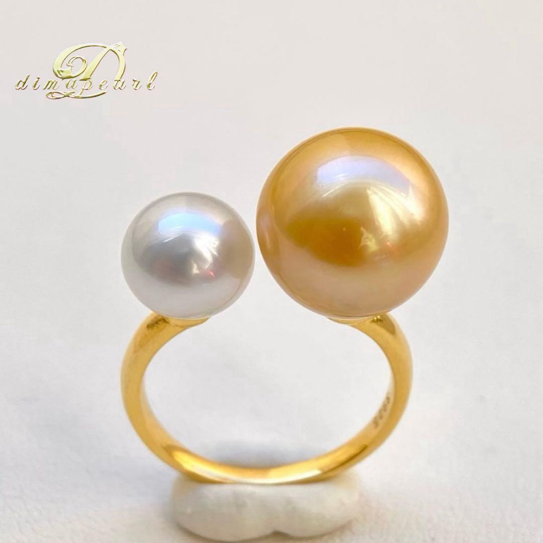 本真珠南洋白蝶真珠ゴールドとホワイト　s925ダブルリングY1057
