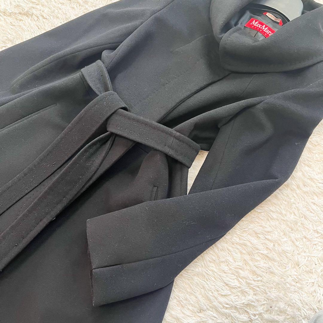 美品 MAXMARA ベルテッドコート ロング 女優襟 ステッチ ブラック
