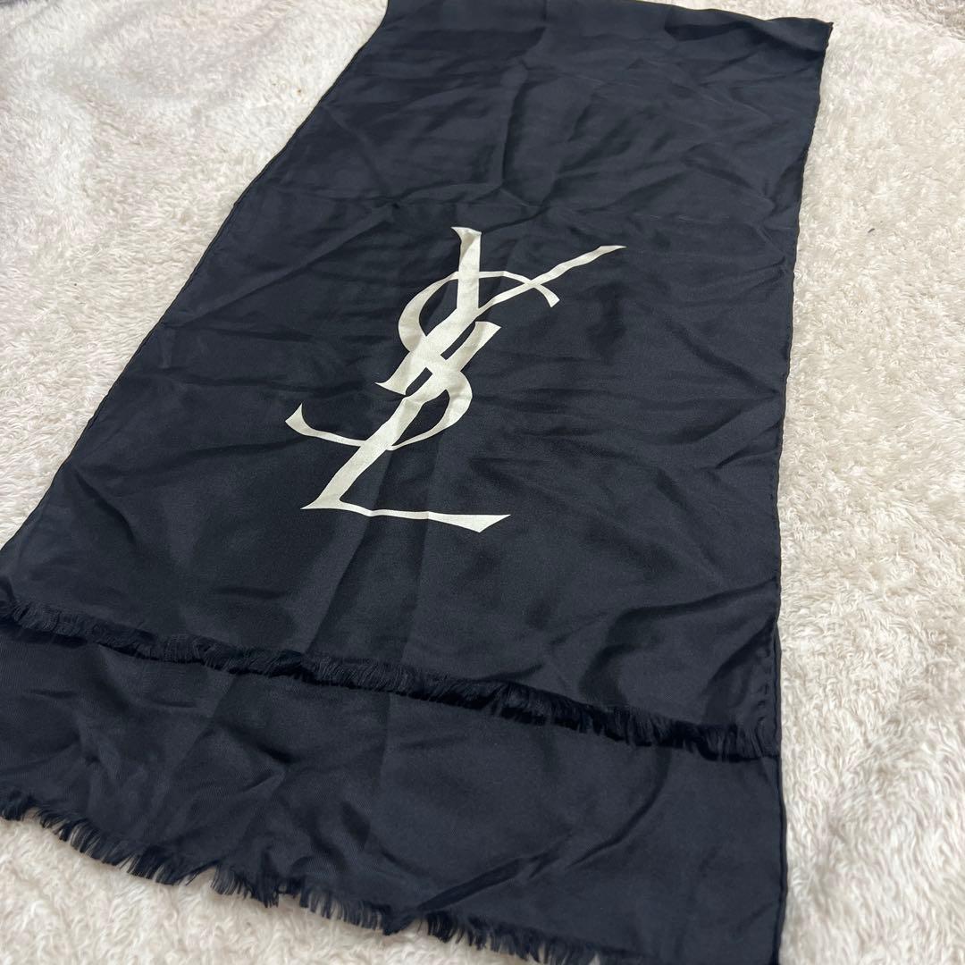 イヴサンローラン ロングスカーフ 無地 YSLロゴ シルク ブラック