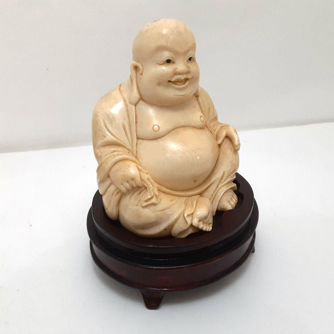 Y1701-5 細密彫刻 極上 布袋置物 唐木台付 総重量319.4g