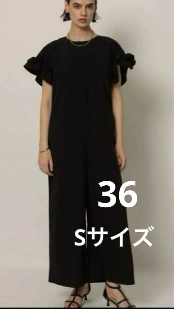 カデュネ/川上桃子袖フリルオールインワン/黒/S36/アルページュ