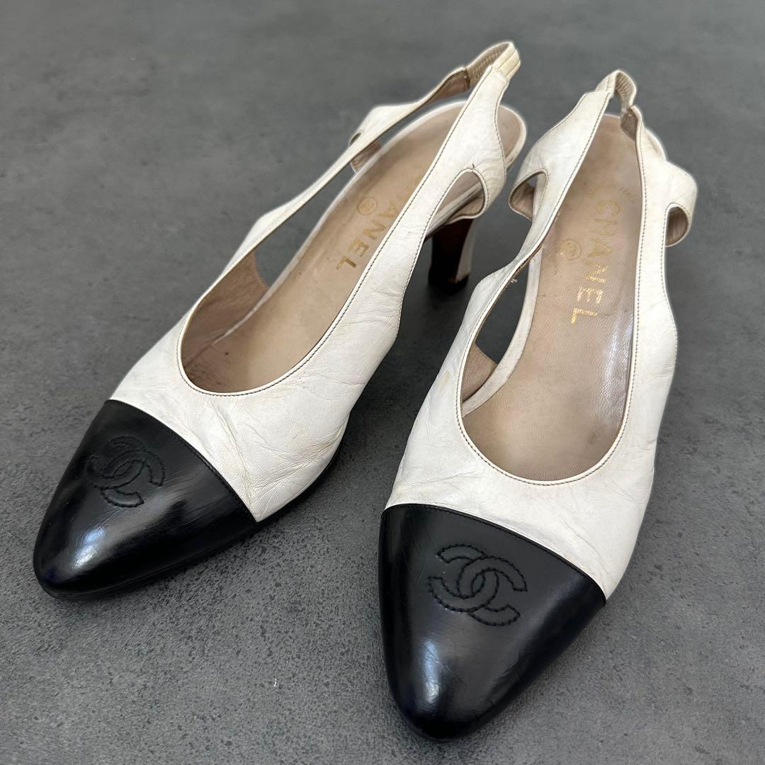 CHANEL ココマーク　バイカラー　スリングバック　パンプス　白　黒