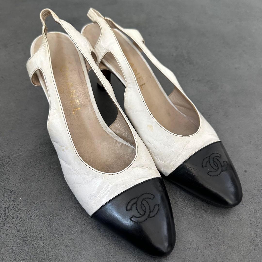 CHANEL ココマーク　バイカラー　スリングバック　パンプス　白　黒