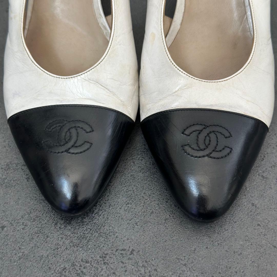 CHANEL ココマーク　バイカラー　スリングバック　パンプス　白　黒