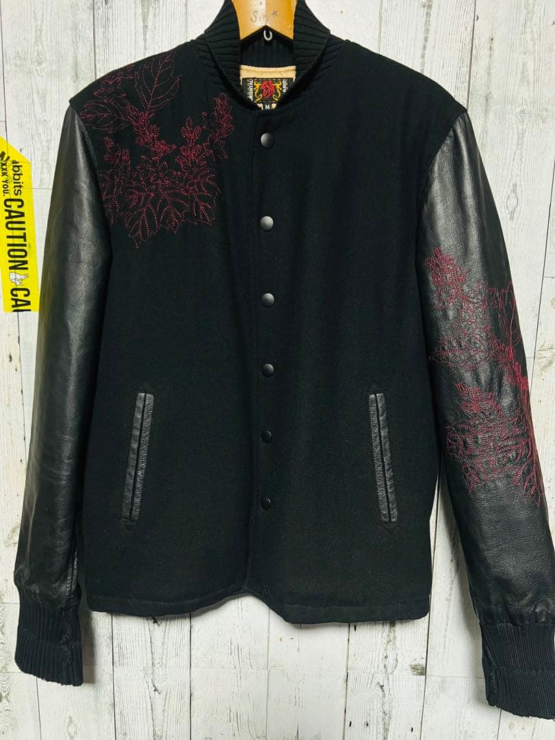 極限定 錦 スカジャン 切り替え 本革レザー 伝説銀鳳凰 銀 刺繍 絡繰魂 黒