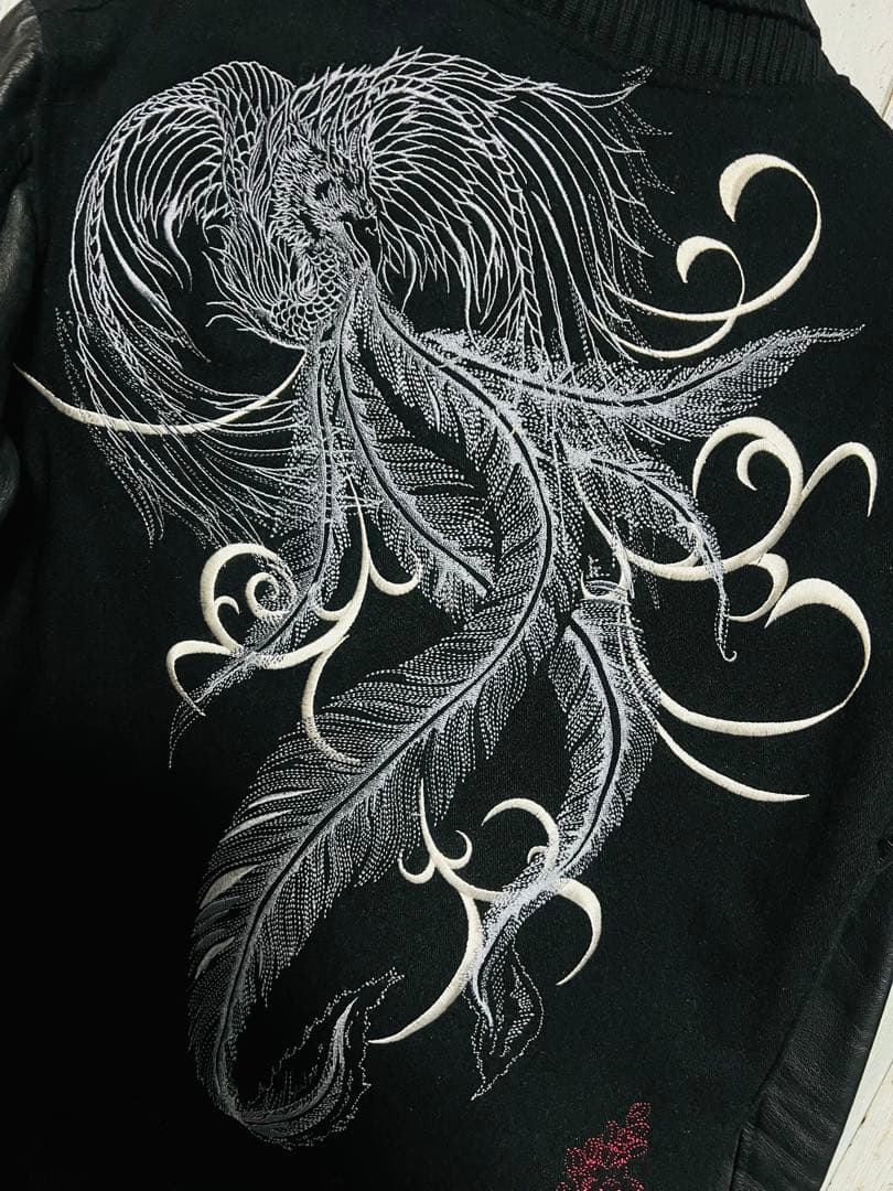 極限定 錦 スカジャン 切り替え 本革レザー 伝説銀鳳凰 銀 刺繍 絡繰魂 黒