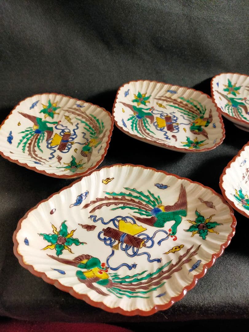 K-48/角福/九谷色絵鳳凰宝物文菱形皿5枚