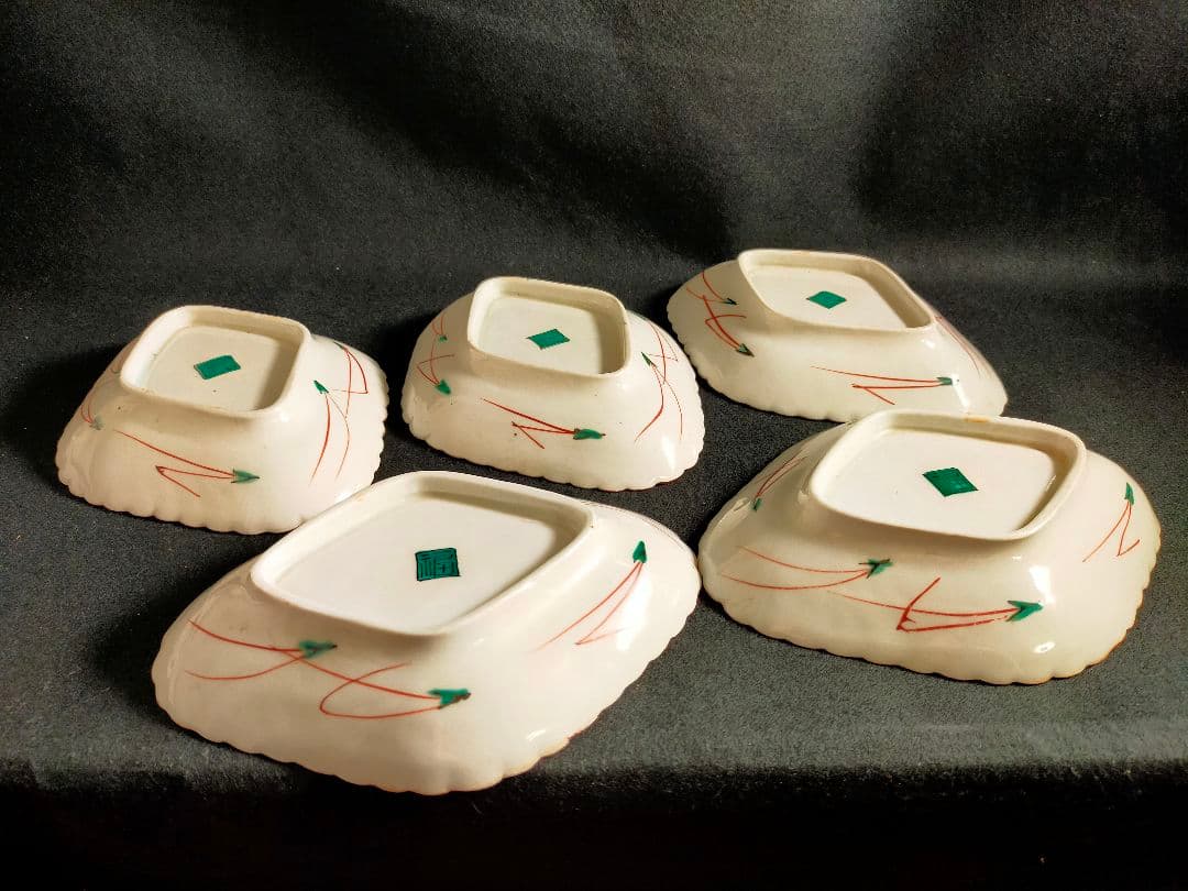 K-48/角福/九谷色絵鳳凰宝物文菱形皿5枚