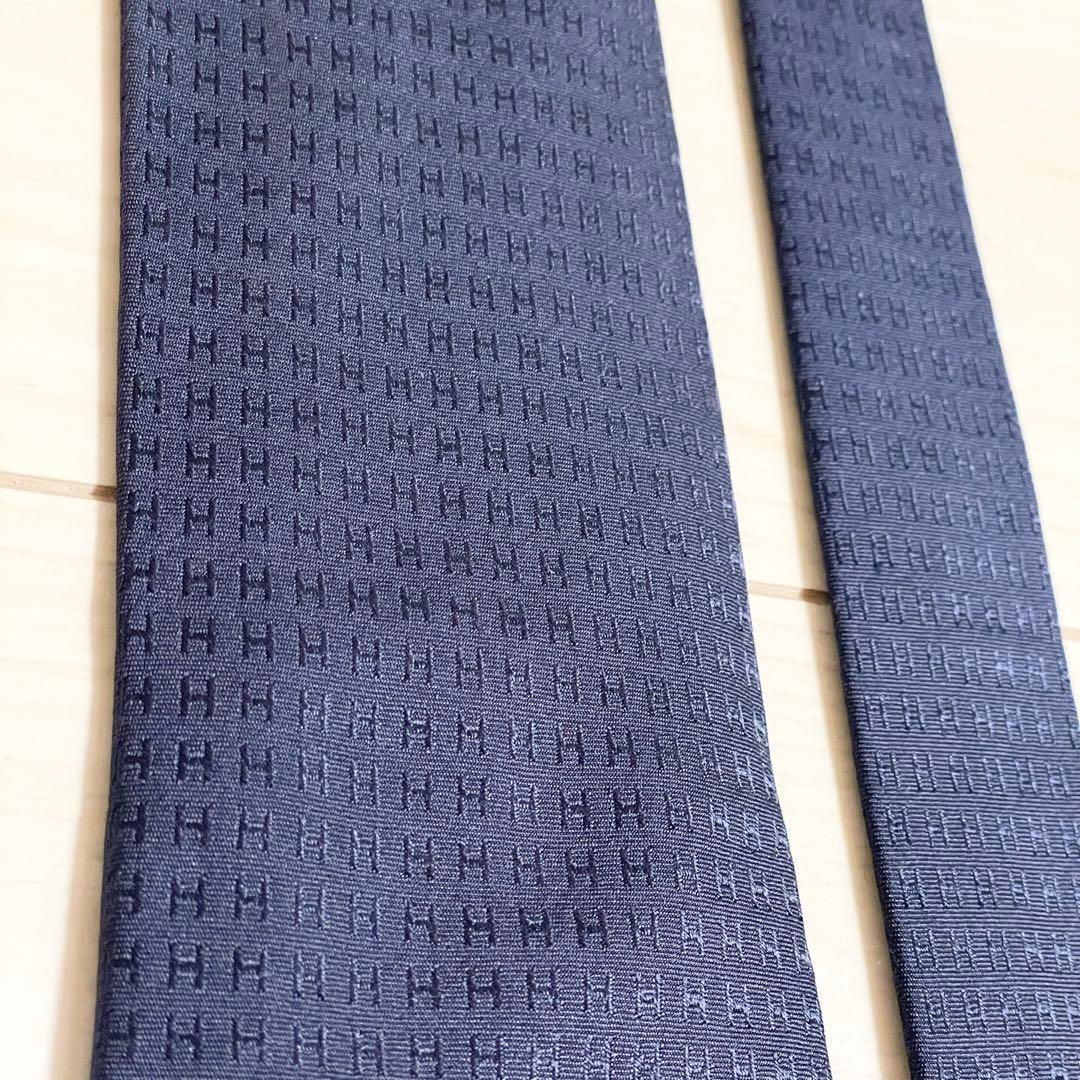 HERMES　エルメス　ネクタイ　ファソネ　H柄　H織　ネイビー　紺色　シルク