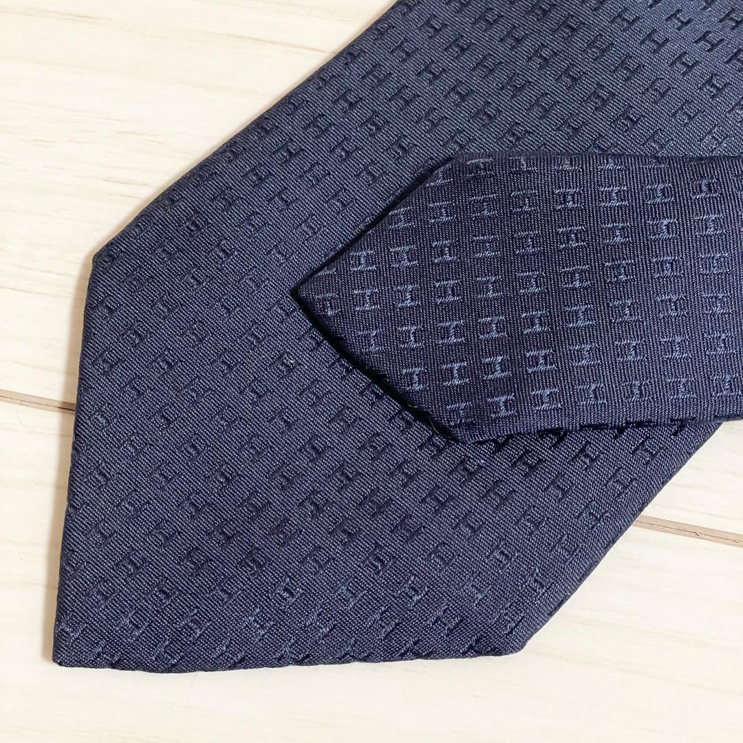 HERMES　エルメス　ネクタイ　ファソネ　H柄　H織　ネイビー　紺色　シルク