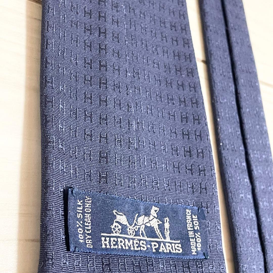 HERMES　エルメス　ネクタイ　ファソネ　H柄　H織　ネイビー　紺色　シルク