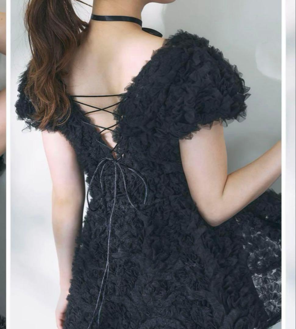 試着のみpolauraフラワーぺプラムバックリボンチュニック Black