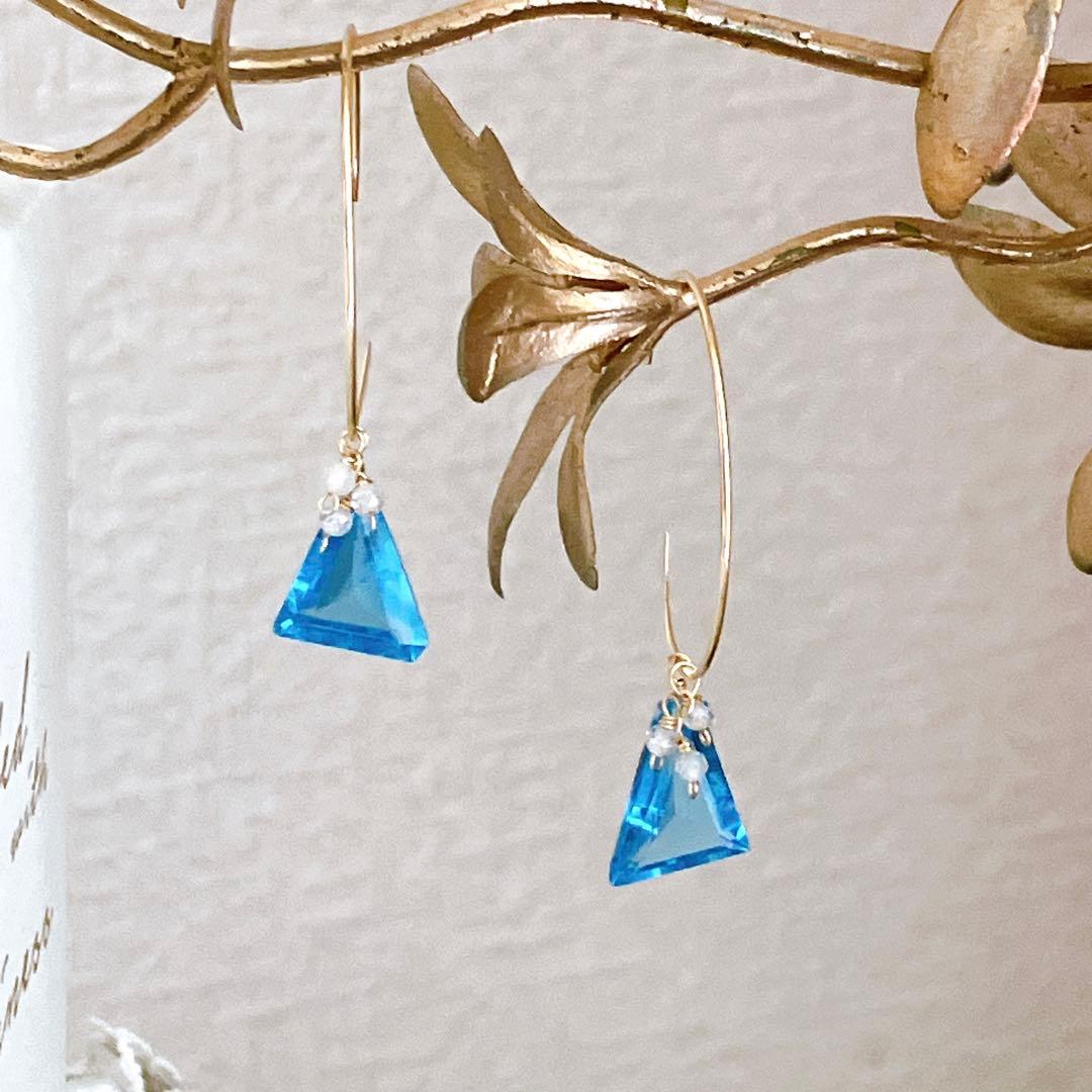 桃色の雲◆希少✧スイスブルートパーズ フープピアス✧トリリアントカット