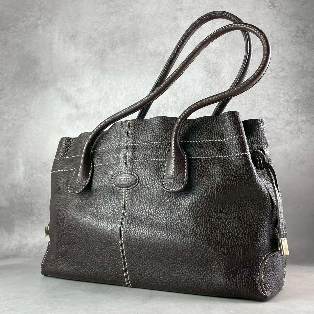 【美品 人気モデル】トッズ ハンド Dバッグ ロゴ レザー 本革 濃茶 金具
