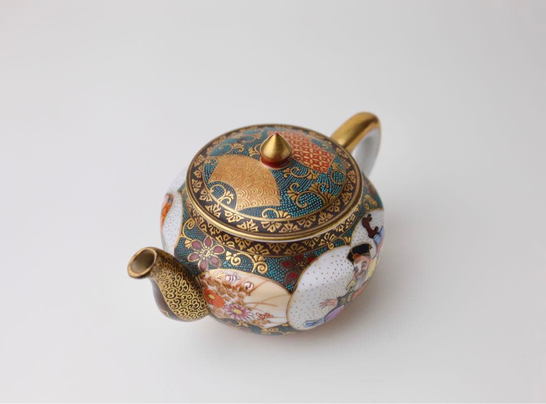 九谷焼　寿老人　細密絵　青海波　七宝図　青粒　煎茶器　急須　茶碗
