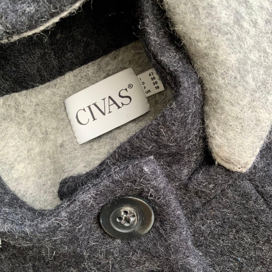 イタリア老舗　CIVAS 取外しフード付きウールコート42　チャコールG×グレー