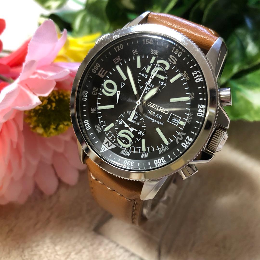 SEIKO セイコー　ソーラー腕時計　クロノグラフ　レザーベルト　メンズ