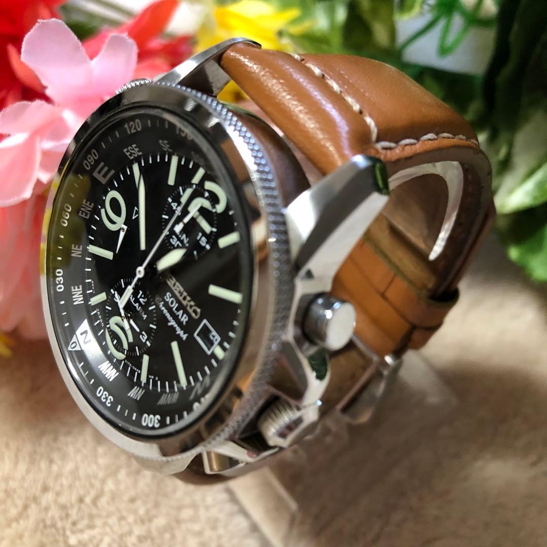 SEIKO セイコー　ソーラー腕時計　クロノグラフ　レザーベルト　メンズ