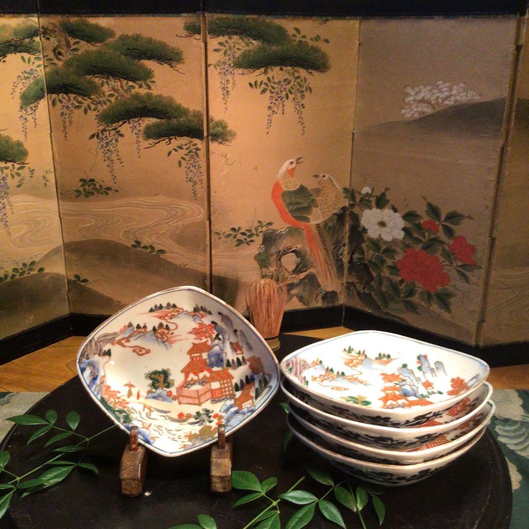 A884 古伊万里　染錦手　極上献上手　楼閣山水紋様　菱形　中皿　小鉢　5客