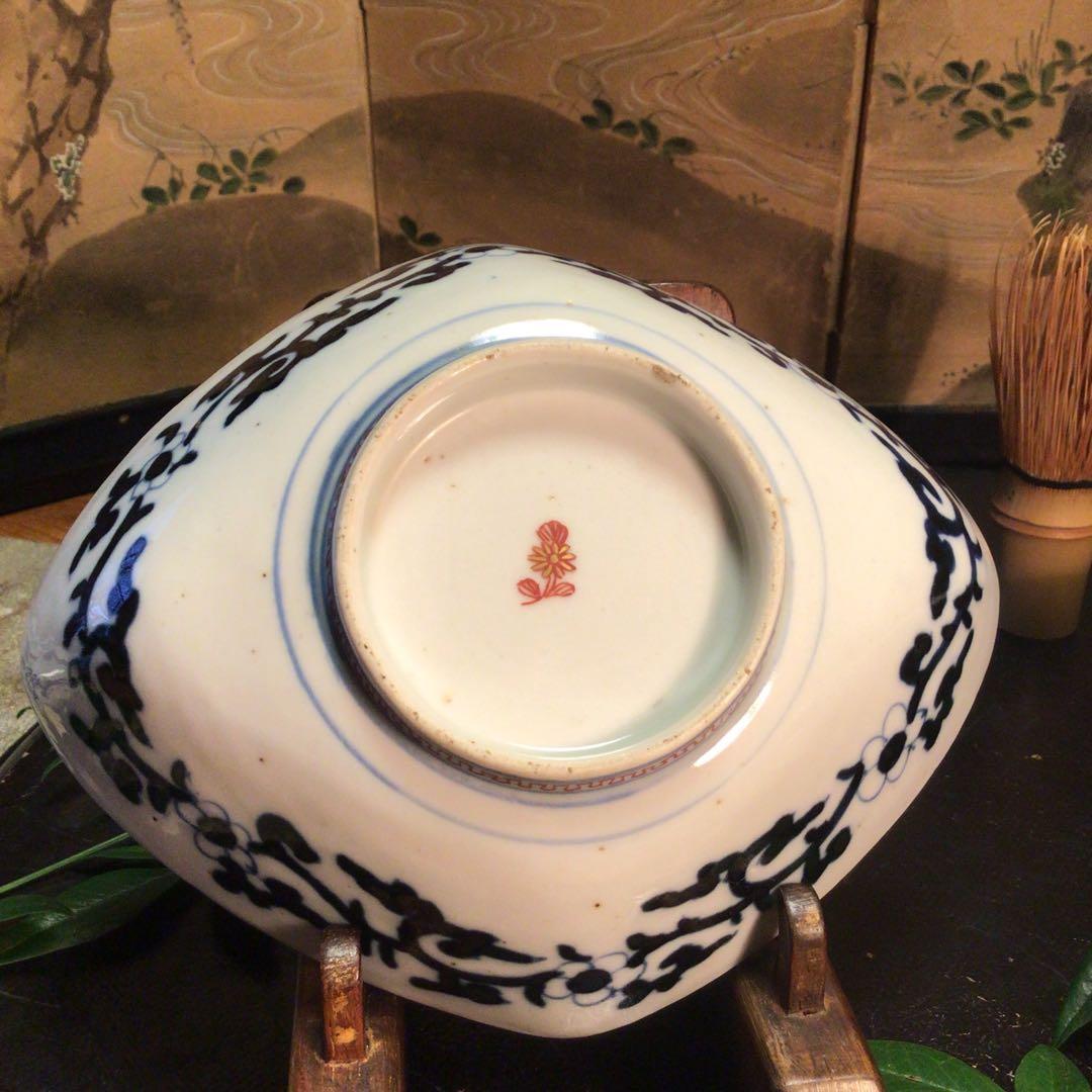 A884 古伊万里　染錦手　極上献上手　楼閣山水紋様　菱形　中皿　小鉢　5客