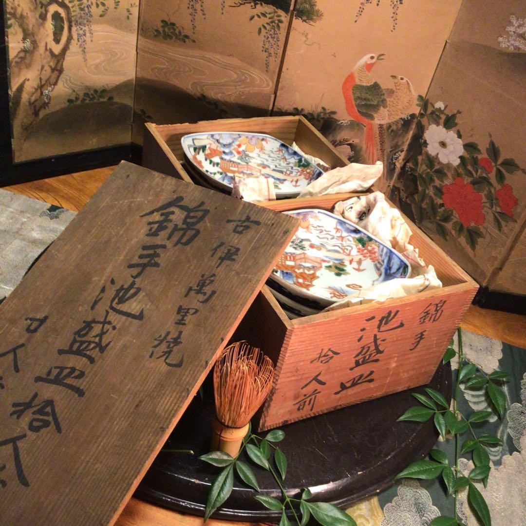 A884 古伊万里　染錦手　極上献上手　楼閣山水紋様　菱形　中皿　小鉢　5客