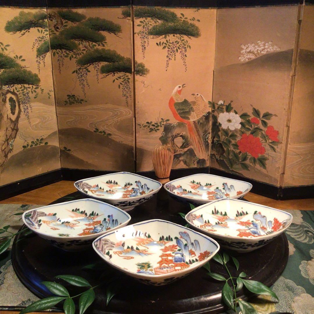 A884 古伊万里　染錦手　極上献上手　楼閣山水紋様　菱形　中皿　小鉢　5客