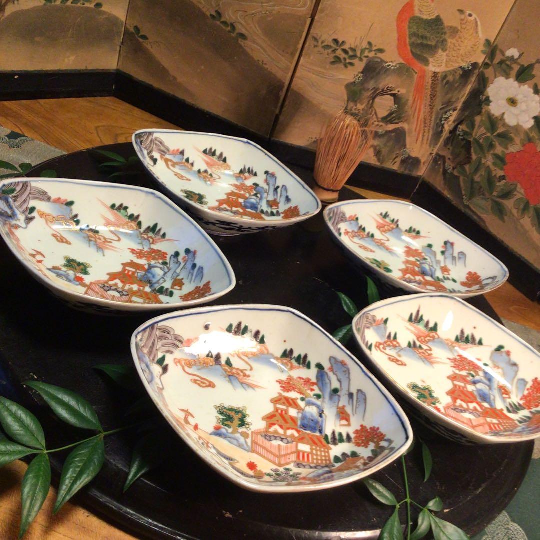 A884 古伊万里　染錦手　極上献上手　楼閣山水紋様　菱形　中皿　小鉢　5客