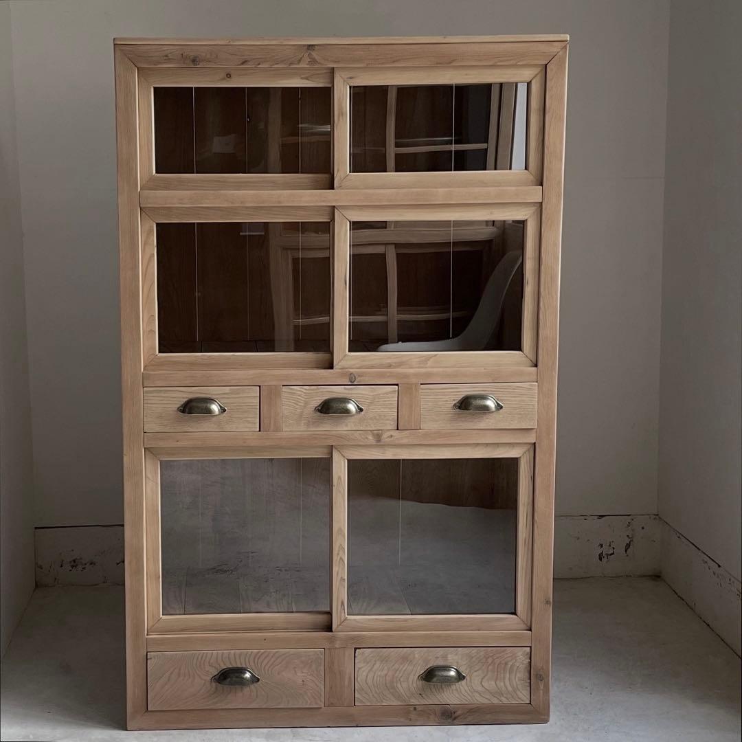 古いガラス戸棚　レトロ　水屋箪笥　食器棚　引出し　古道具　アンティーク