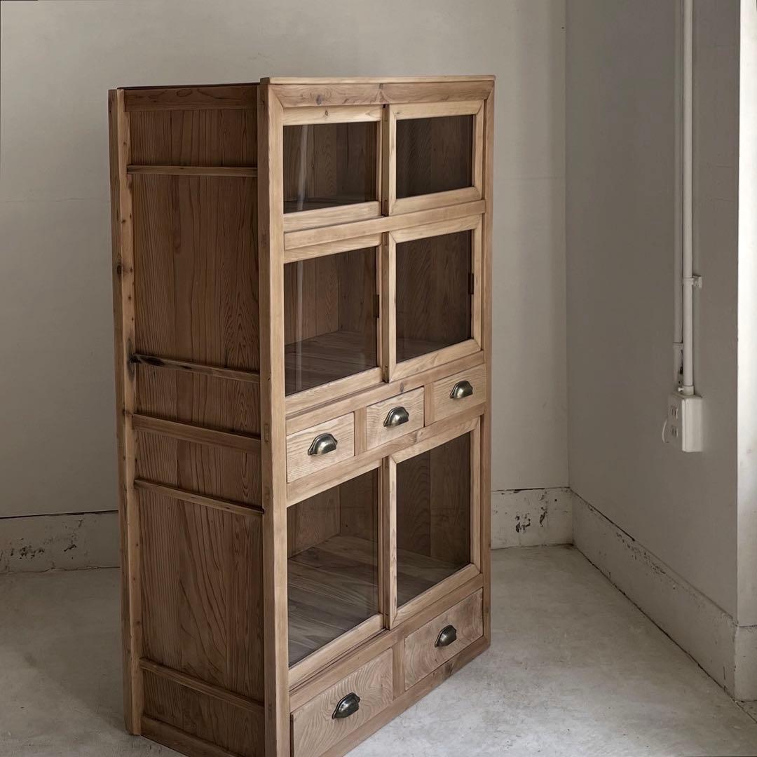 古いガラス戸棚　レトロ　水屋箪笥　食器棚　引出し　古道具　アンティーク