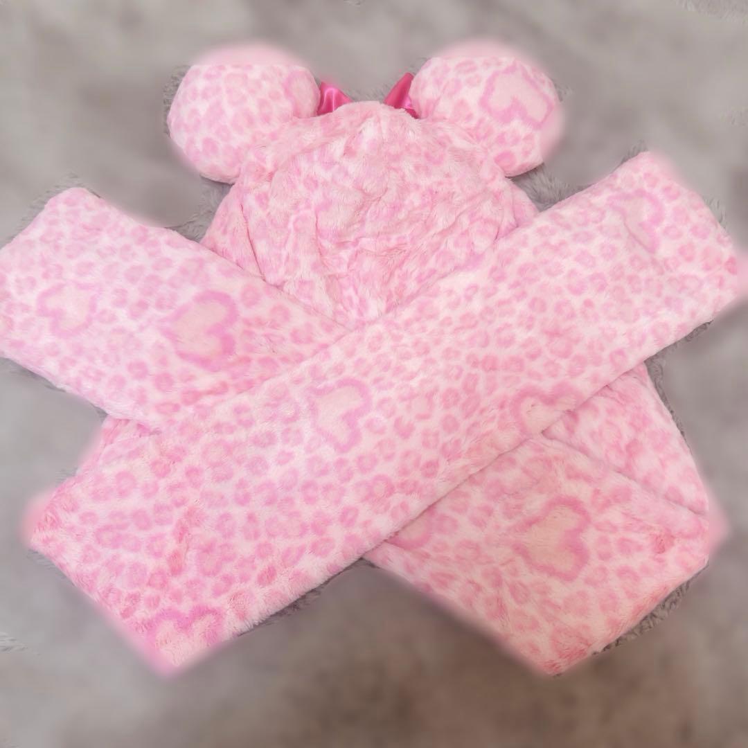 【美品】ディズニー ヒョウ柄 マフラーキャップ ピンク
