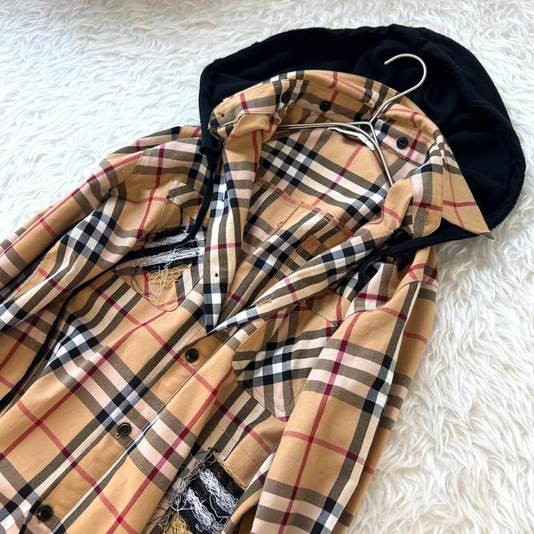 BAGARCH ユニセックス ダメージ加工チェック柄 トレンチ シャツワンピ
