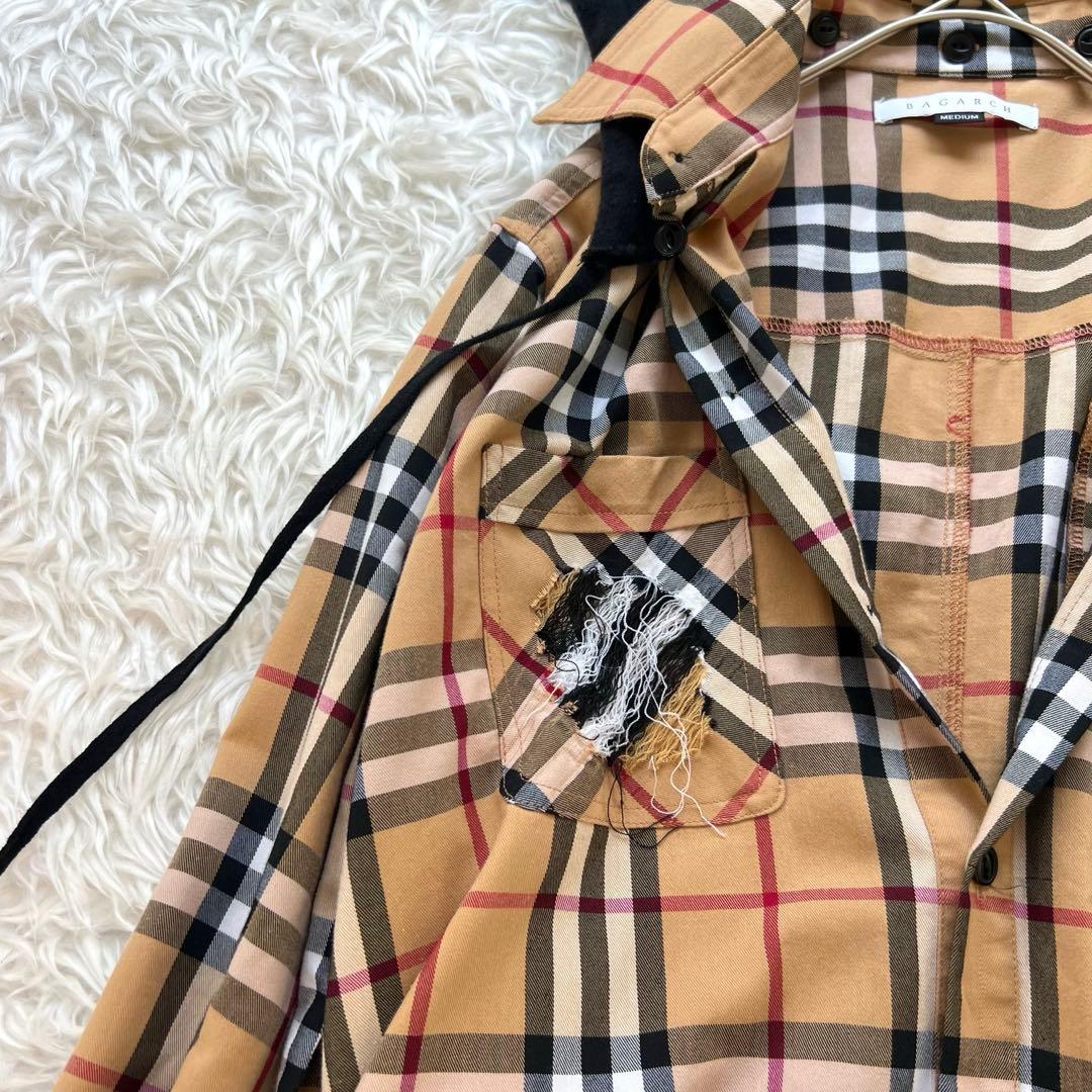 BAGARCH ユニセックス ダメージ加工チェック柄 トレンチ シャツワンピ