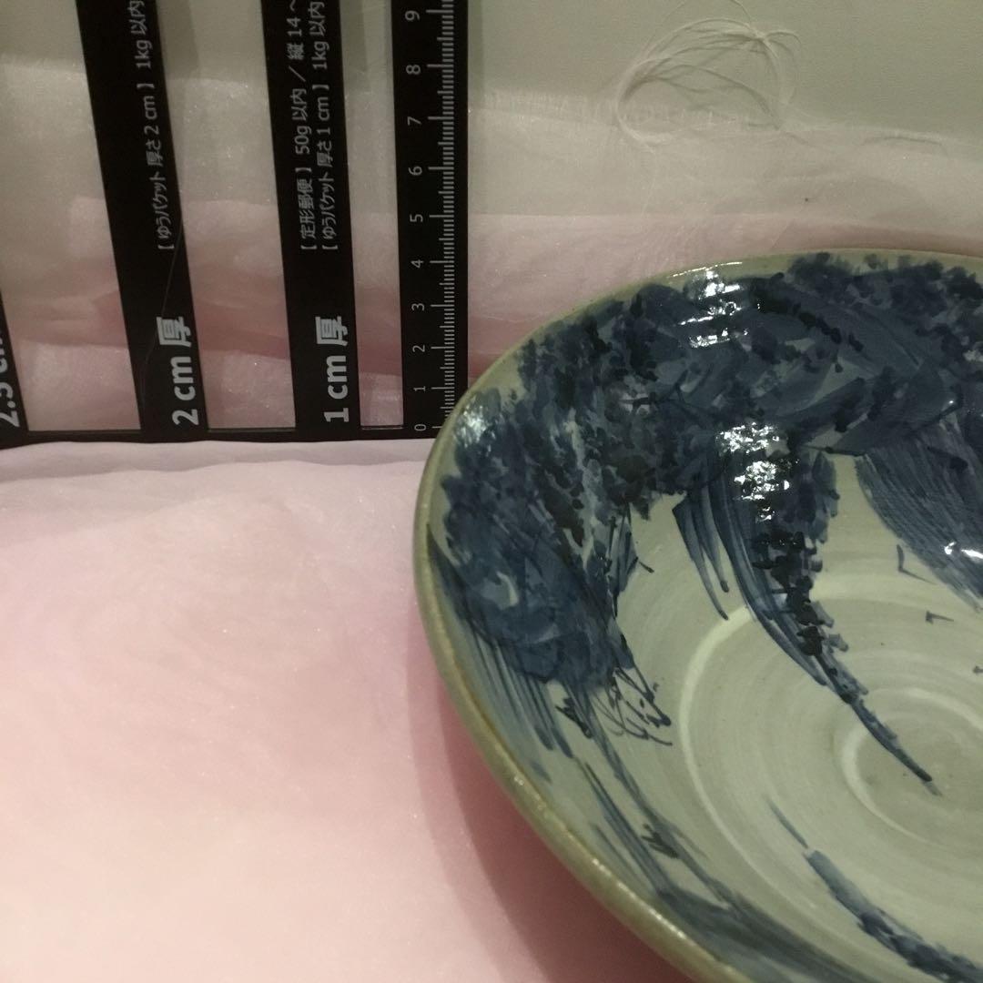 山の風景 陶器ボウル　焼き物　染め付け　手作り　大鉢　茶碗　風景画￼
