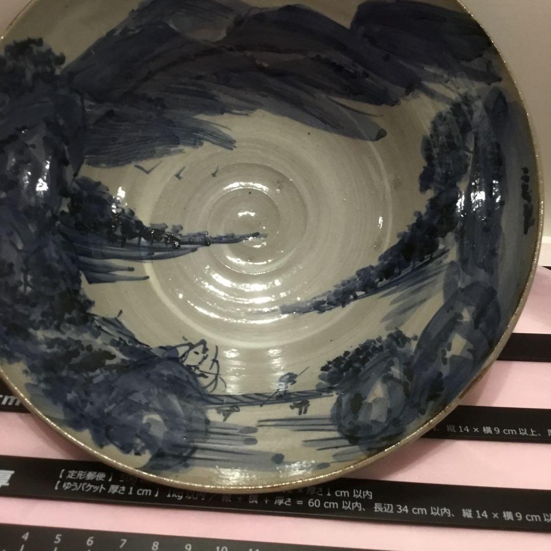 山の風景 陶器ボウル　焼き物　染め付け　手作り　大鉢　茶碗　風景画￼