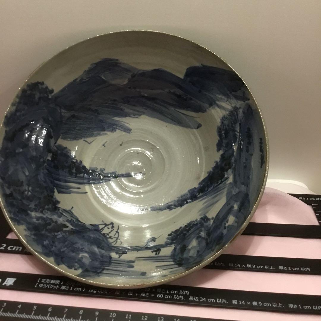 山の風景 陶器ボウル　焼き物　染め付け　手作り　大鉢　茶碗　風景画￼