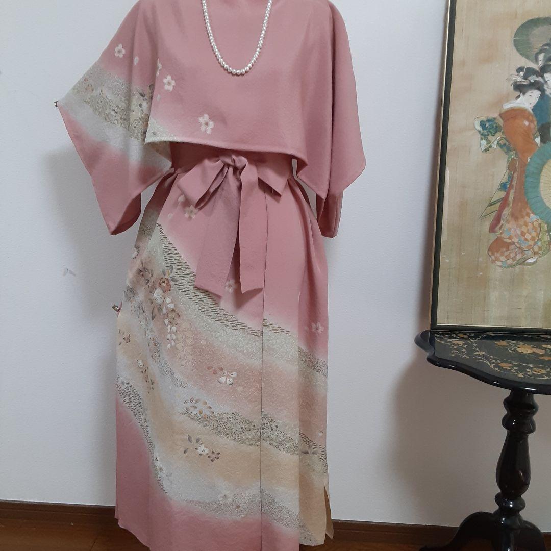 お値下げ……リメイク着物ロングワンピース正絹Ｌボレロ付き