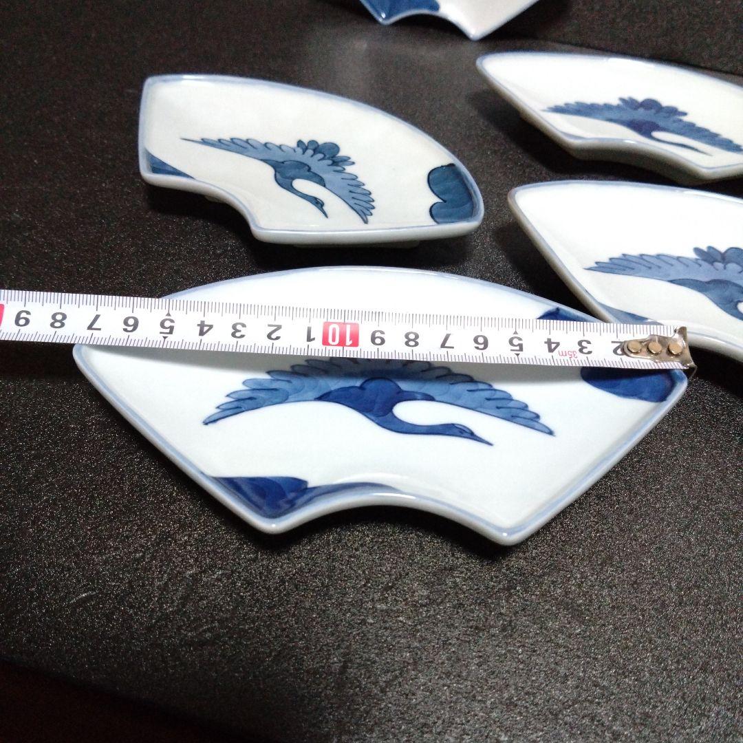 未使用 有田焼 源右衛門 扇形銘々皿5枚 鶴絵柄　お祝い