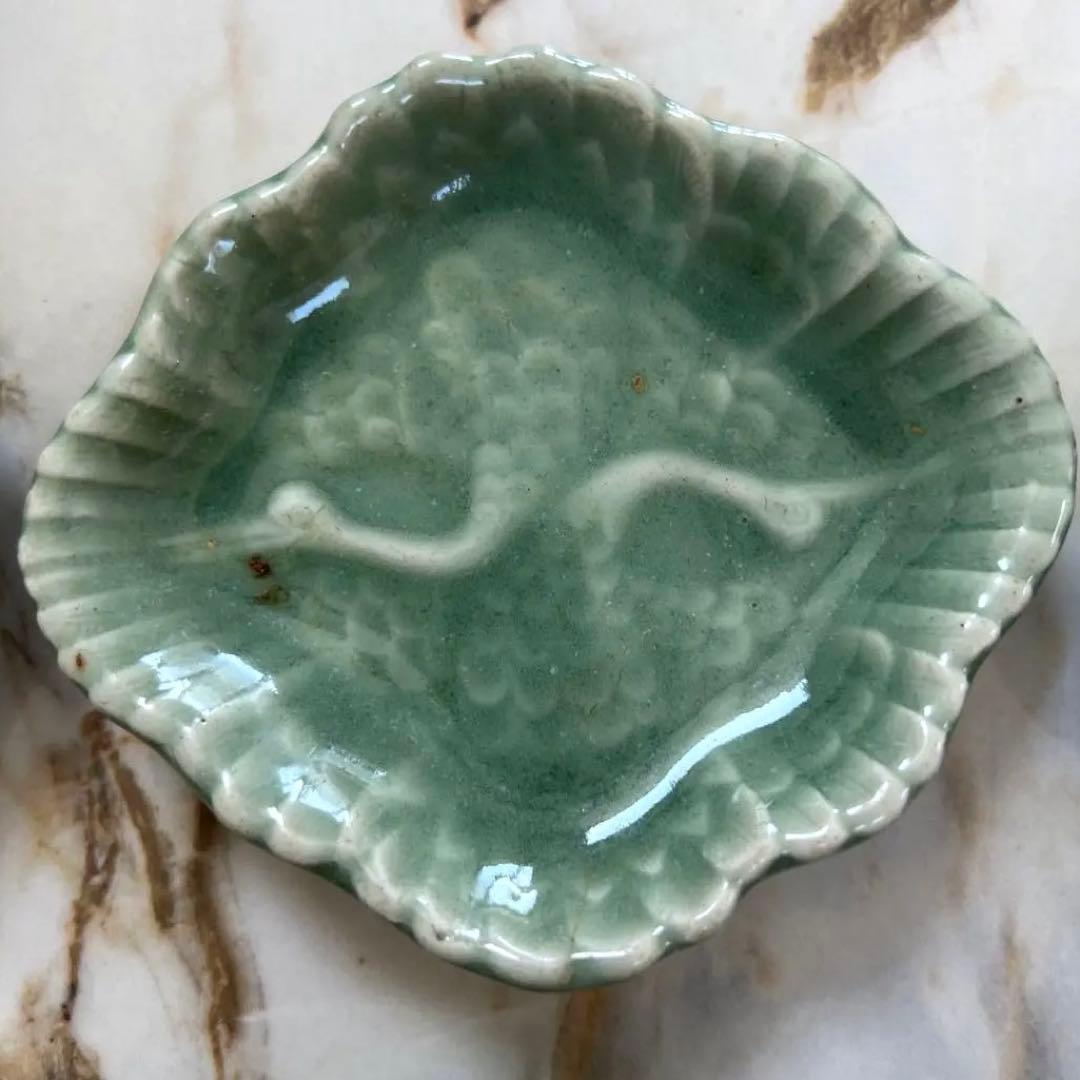 三田青磁 足付き 小皿 豆皿 6枚セット 双鶴 紋様