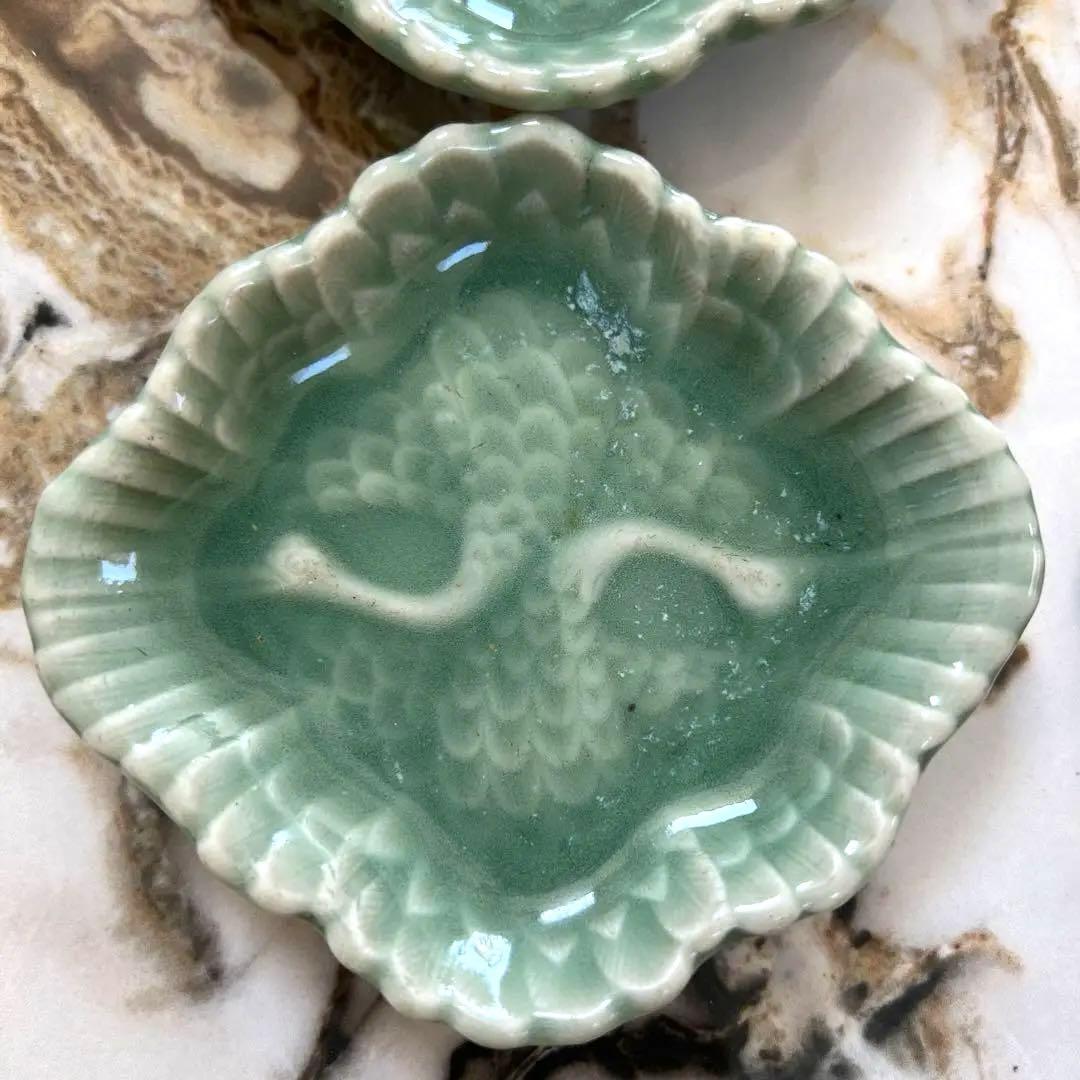 三田青磁 足付き 小皿 豆皿 6枚セット 双鶴 紋様