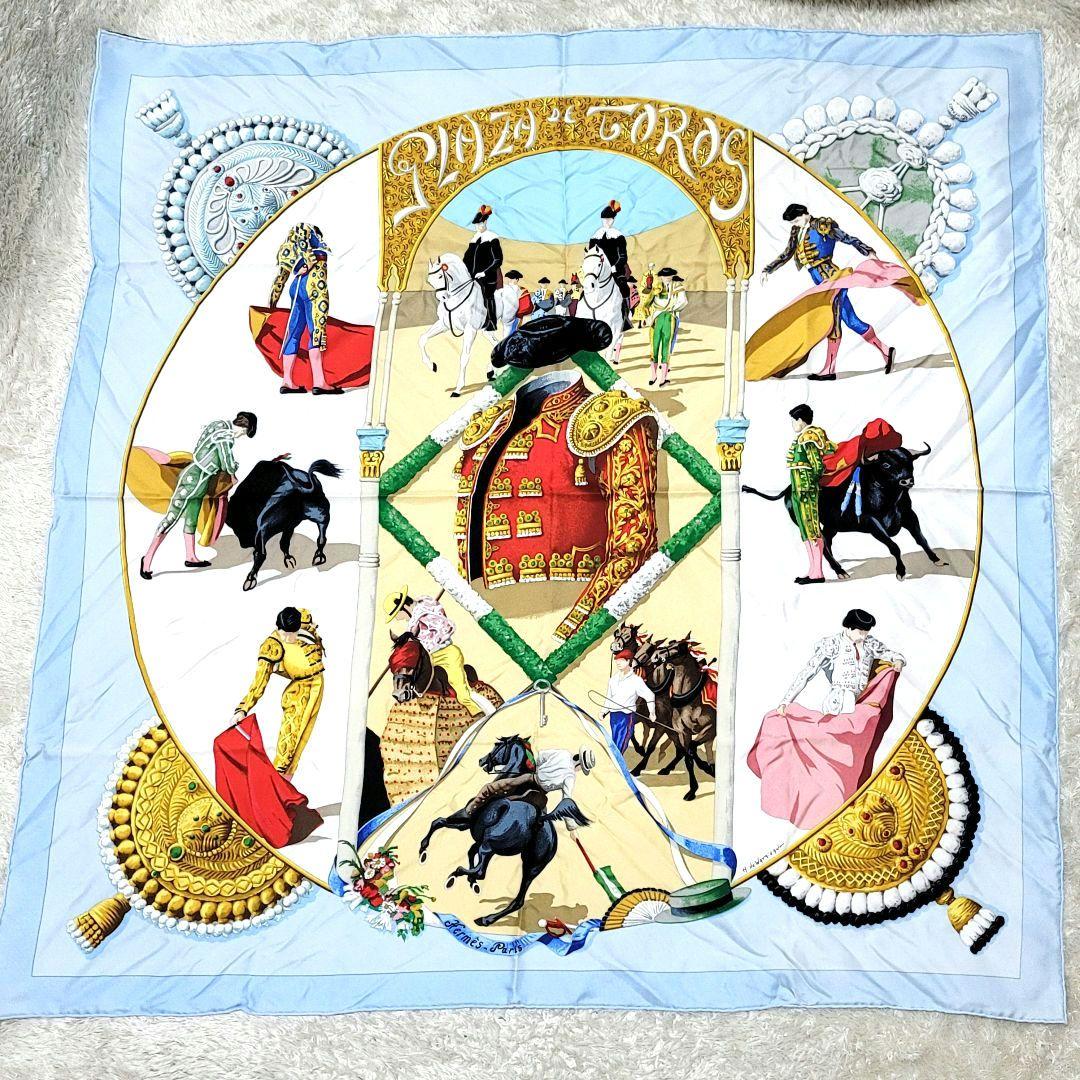 エルメス カレ90 PLAZA DE TOROS 闘牛場 スカーフ 水色 シルク