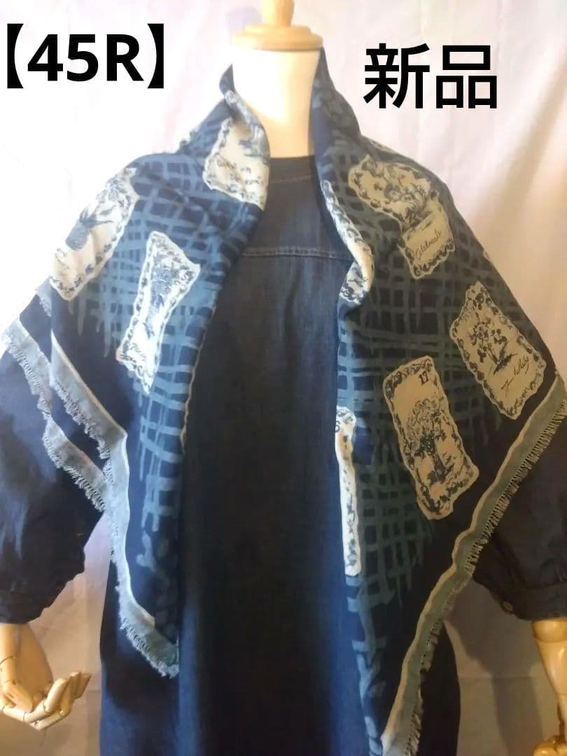 n*y様 【新品】45R　ネイビー色　多数の花柄プリント スカーフ　フリンジ付